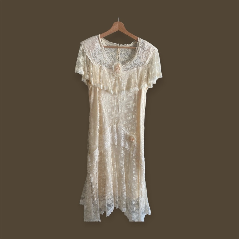 Vtg Victorian Dress Women L /16 Ivory Lace Sheer Romantic Cottagecore Long‎ Gown